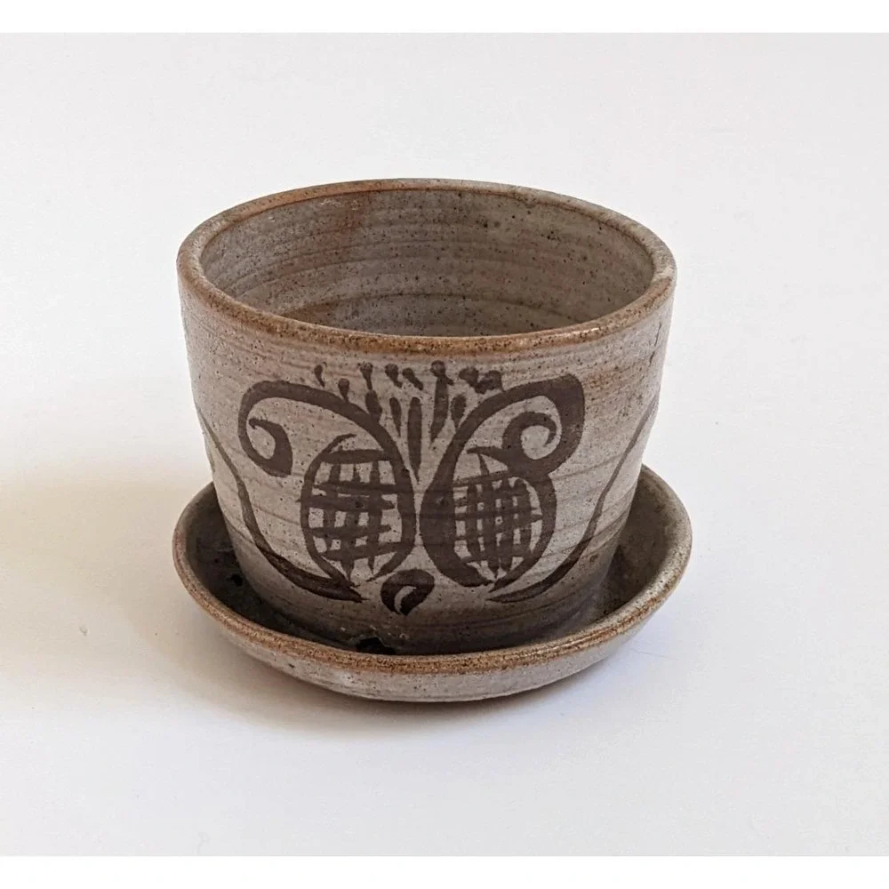 Vintage 1970s Studio Pottery Planter Saucer Small Butterfly Hand Painted Pot 3